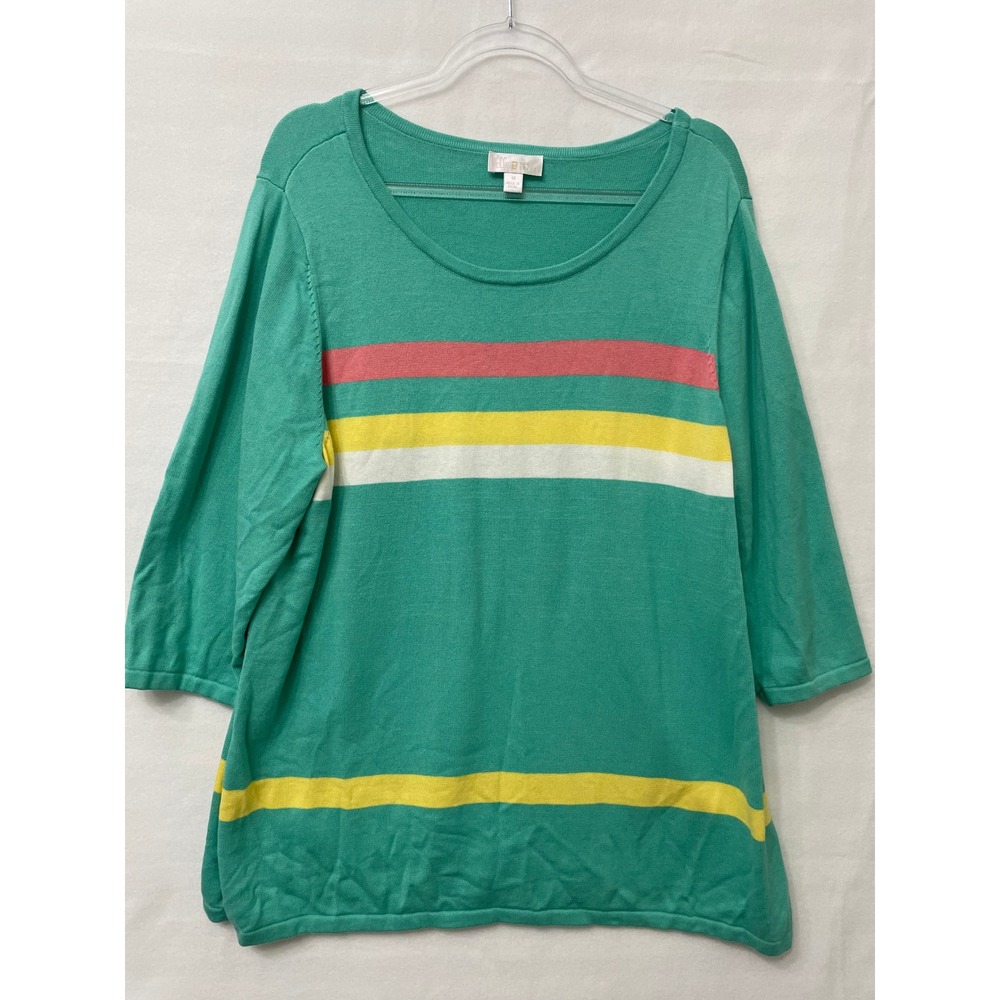 Belle by Kim Gravel Sweater Size 1X Green Multi Striped Pull On Knit Casual